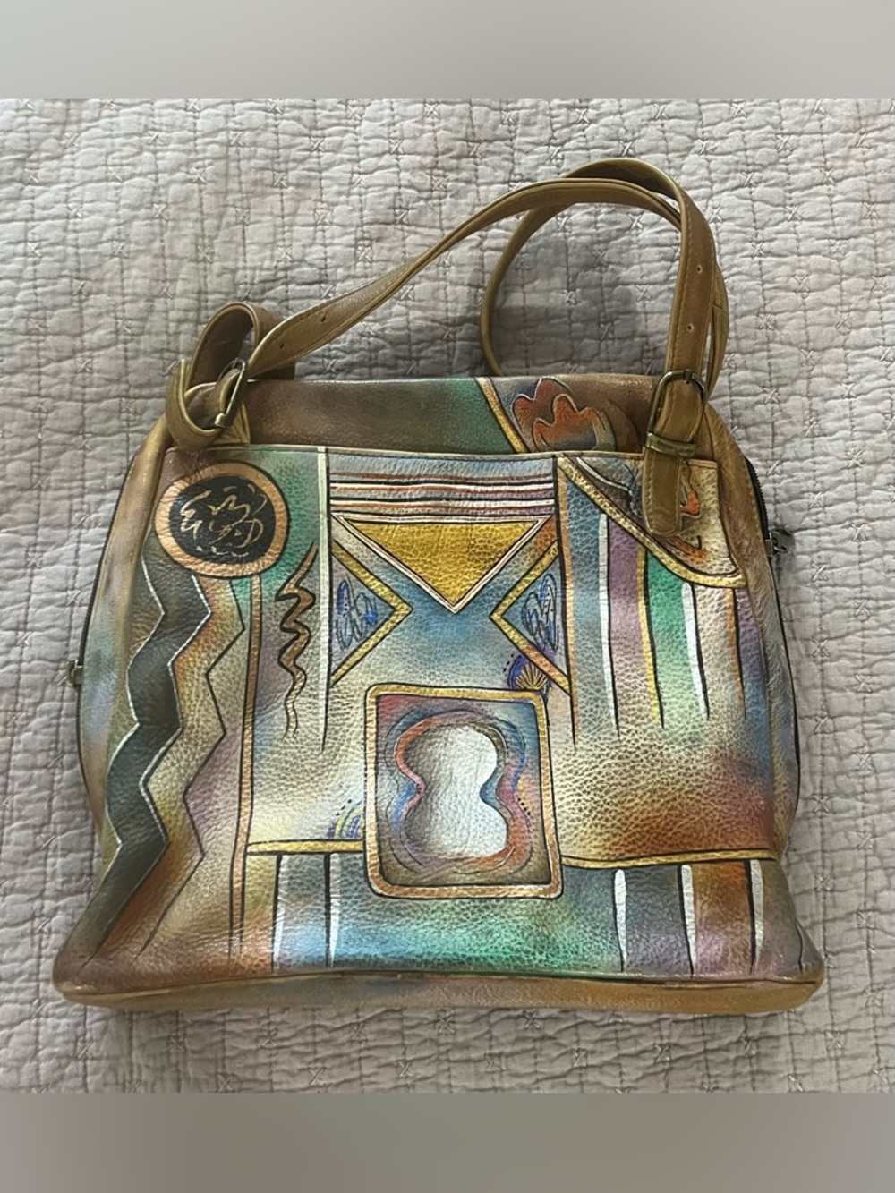 Artisan Multicolor Leather Shoulder Bag - Hand-Painted Geometric Design